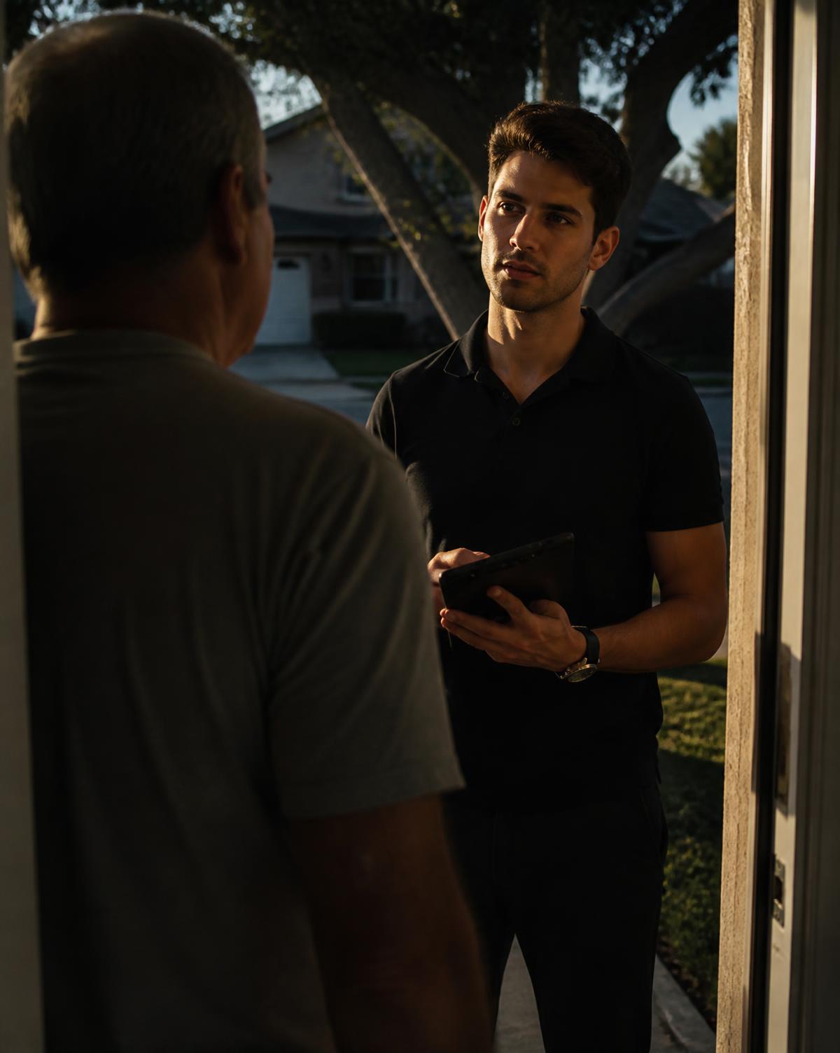 A Factory rep speaking with a homeowner at the door